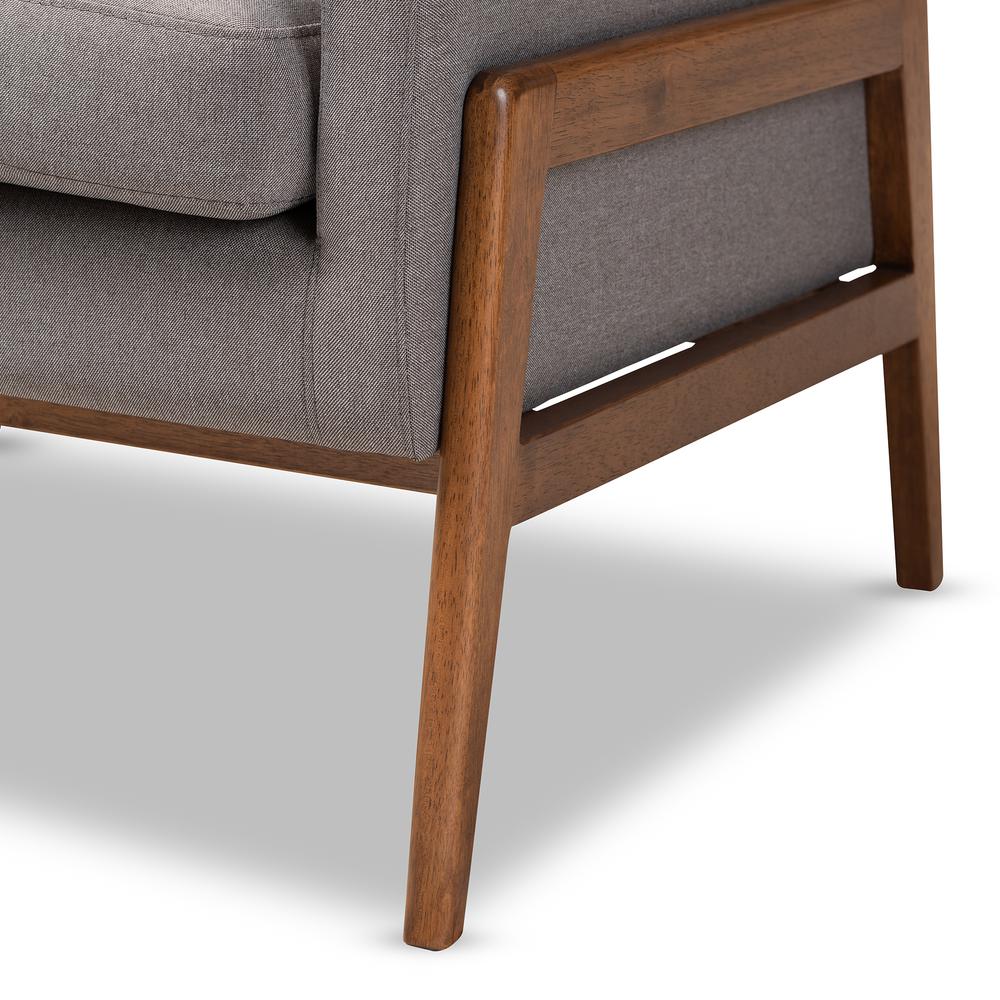 Perris Mid-Century Modern Grey Fabric Upholstered Walnut Wood Lounge Chair. Picture 14