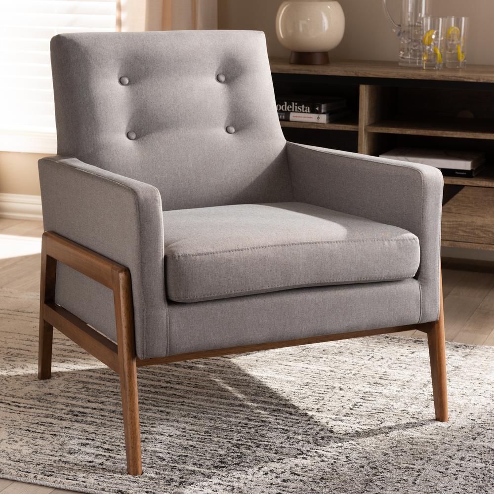 Perris Mid-Century Modern Grey Fabric Upholstered Walnut Wood Lounge Chair. Picture 15