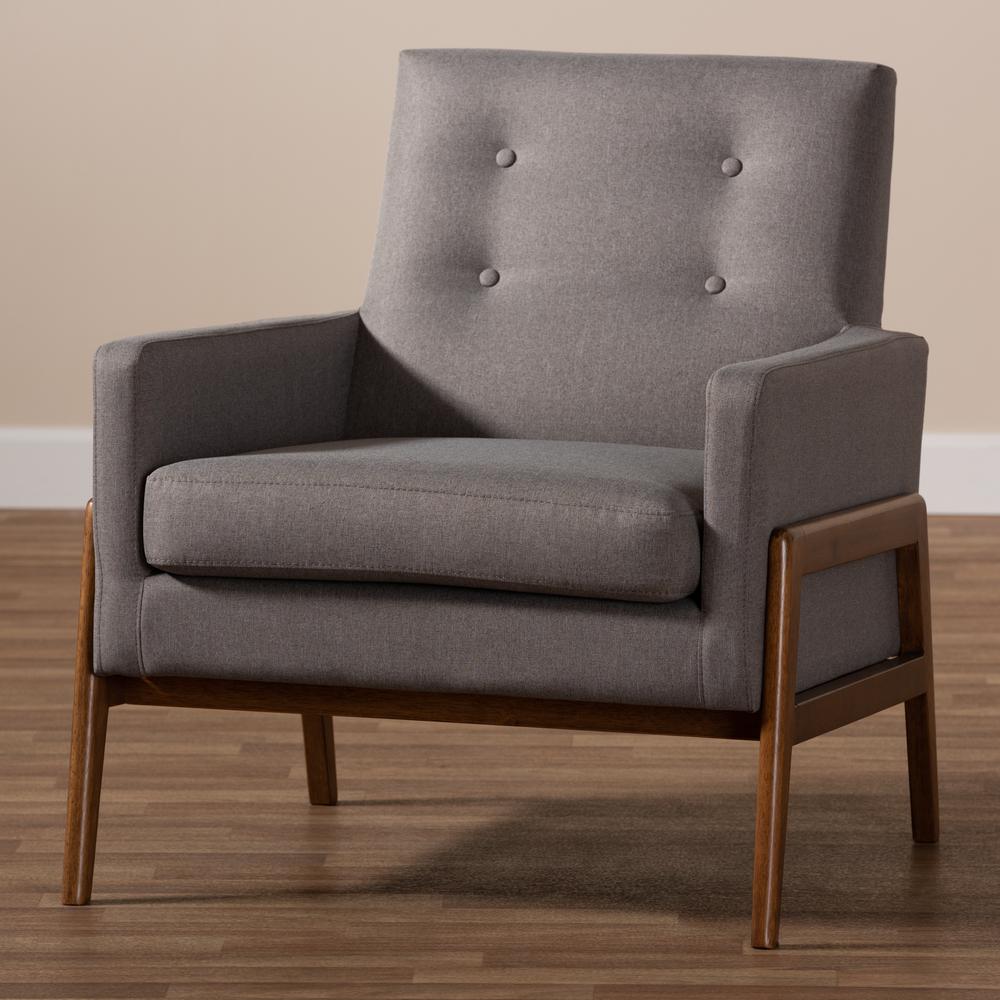 Perris Mid-Century Modern Grey Fabric Upholstered Walnut Wood Lounge Chair. Picture 16