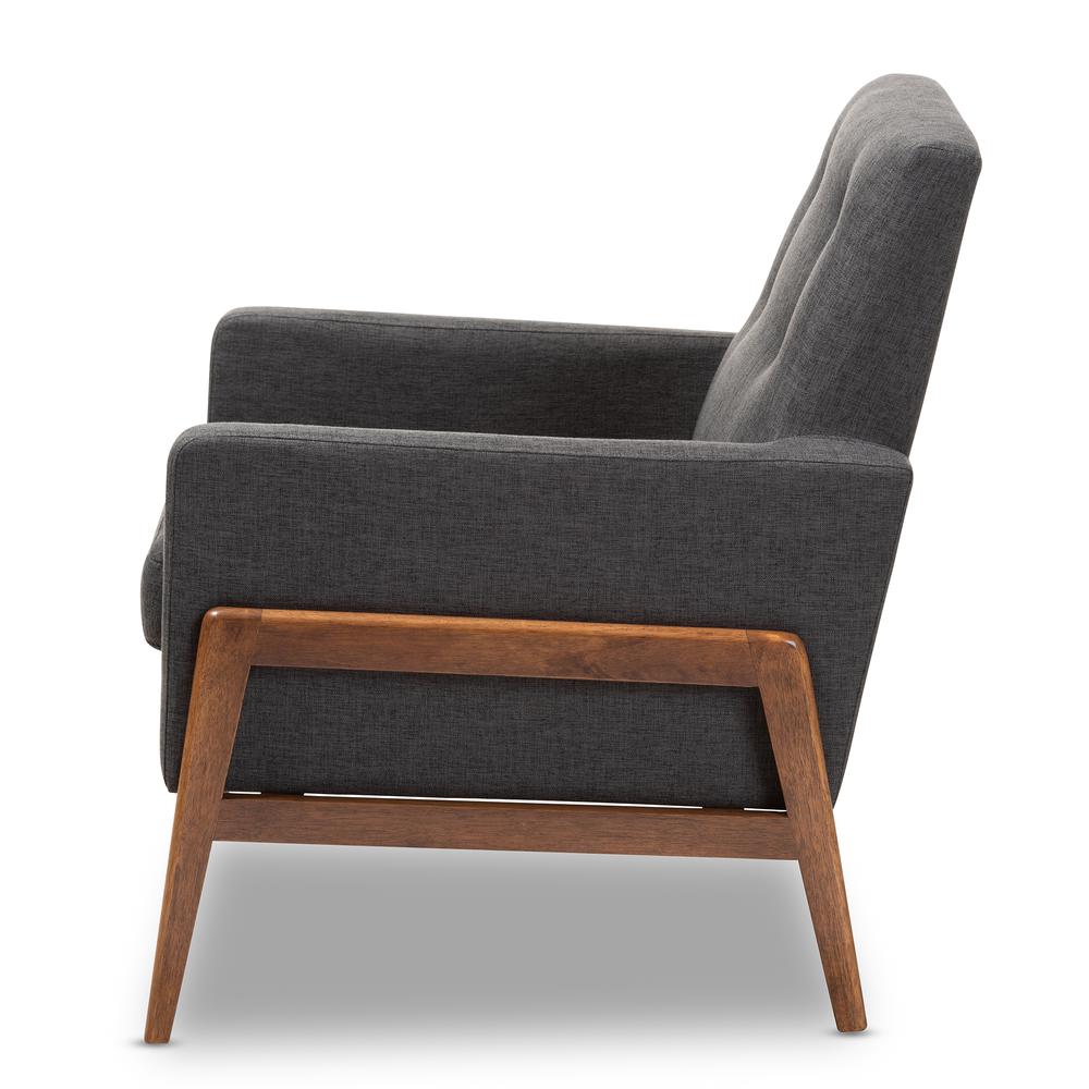 Perris Mid-Century Modern Dark Grey Fabric Upholstered Walnut Wood Lounge Chair. Picture 11