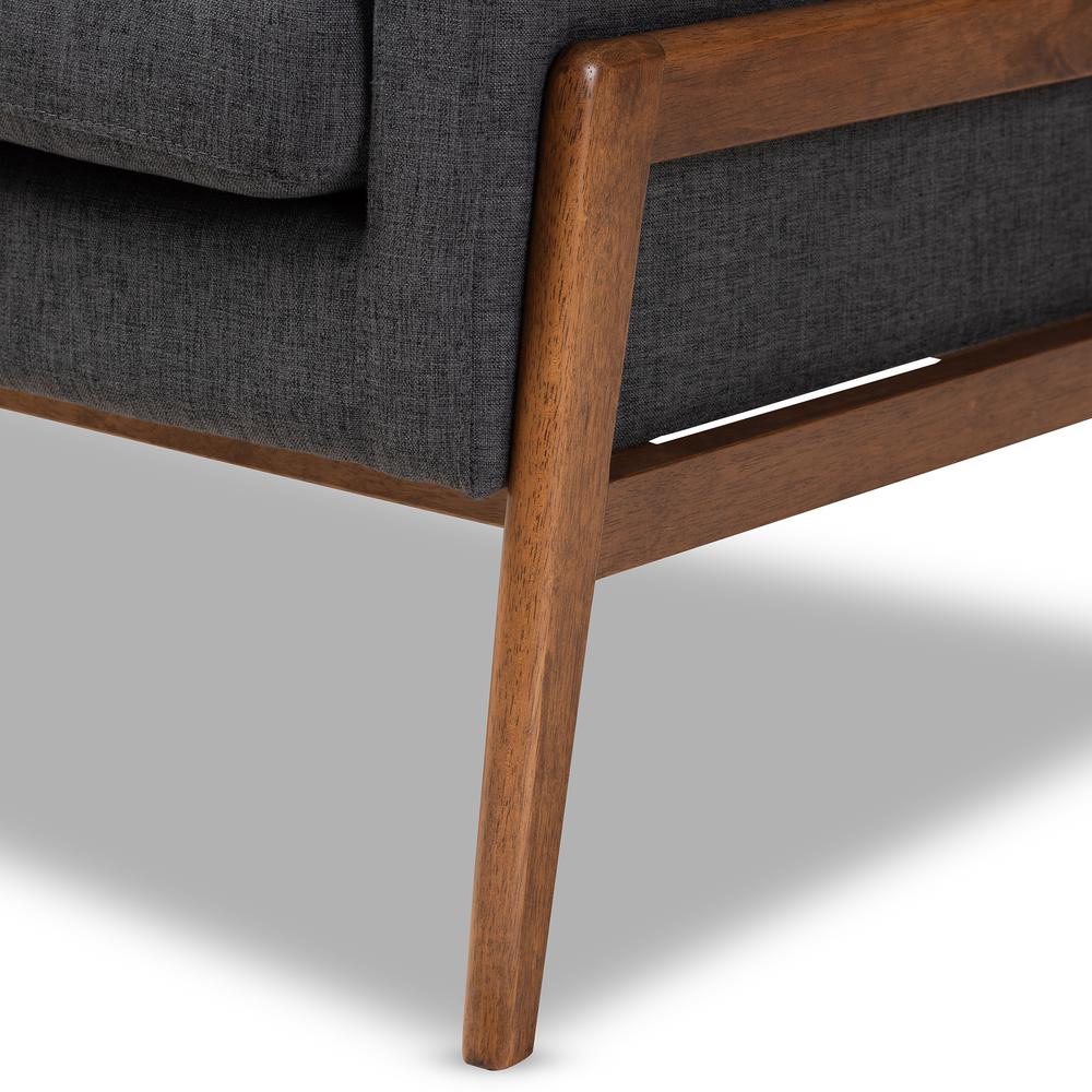 Perris Mid-Century Modern Dark Grey Fabric Upholstered Walnut Wood Lounge Chair. Picture 14