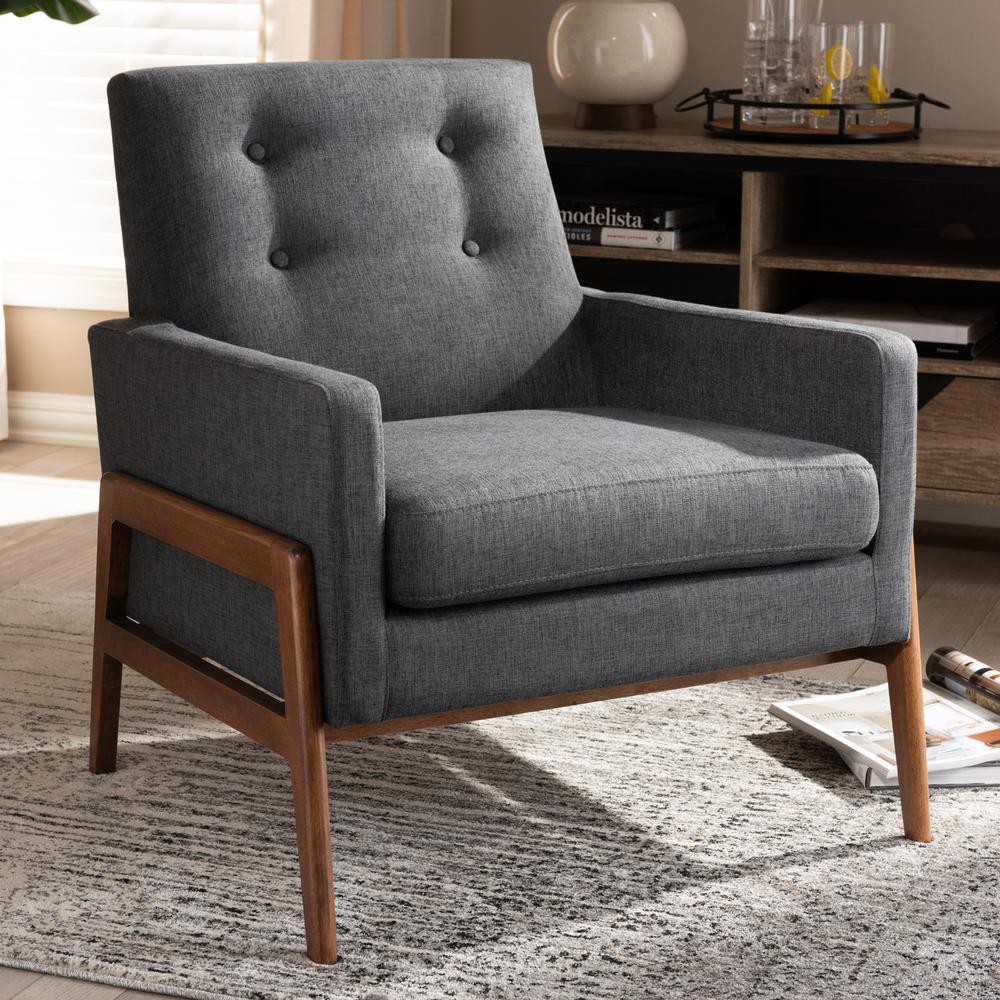 Perris Mid-Century Modern Dark Grey Fabric Upholstered Walnut Wood Lounge Chair. Picture 15