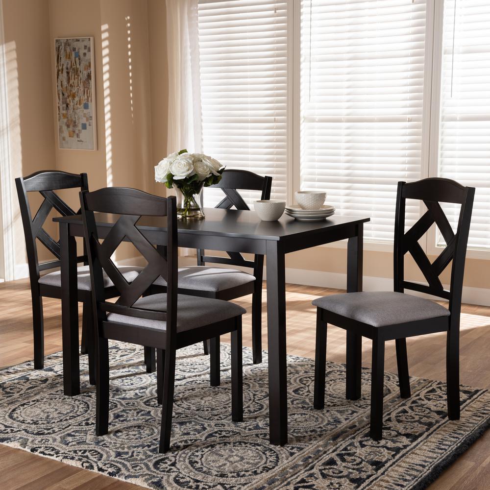 Espresso Brown Finished and Grey Fabric Upholstered 5-Piece Dining Set. Picture 6