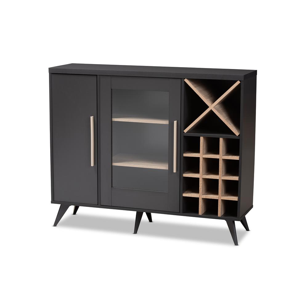 Baxton Studio Pietro Mid-Century Modern Dark Grey and Oak Finished Wine Cabinet. Picture 9