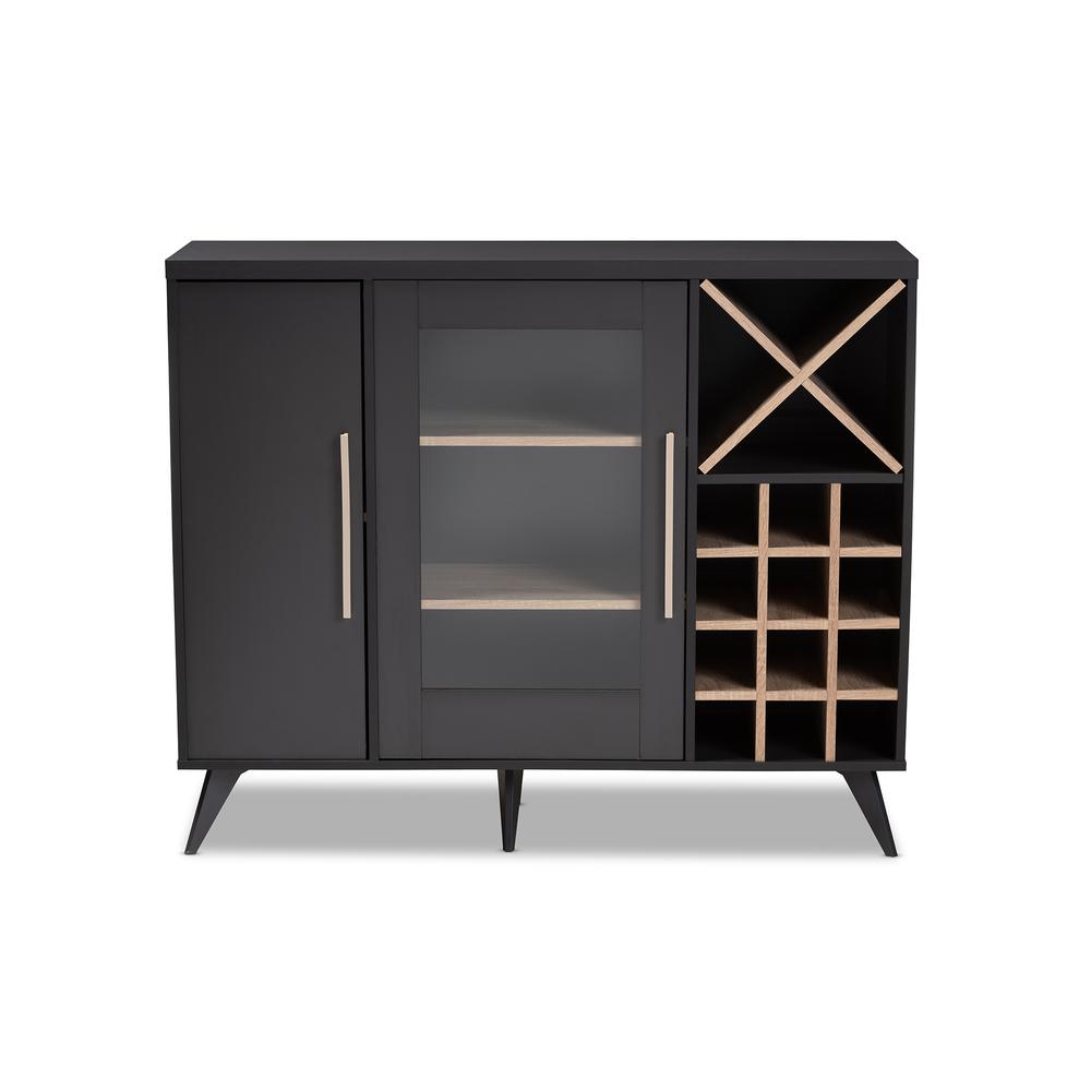 Baxton Studio Pietro Mid-Century Modern Dark Grey and Oak Finished Wine Cabinet. Picture 11