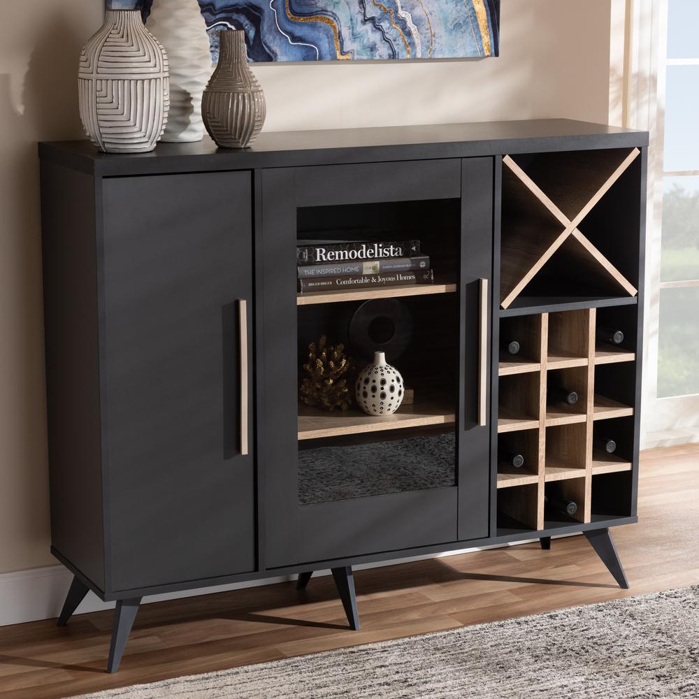 Baxton Studio Pietro Mid-Century Modern Dark Grey and Oak Finished Wine Cabinet. Picture 15