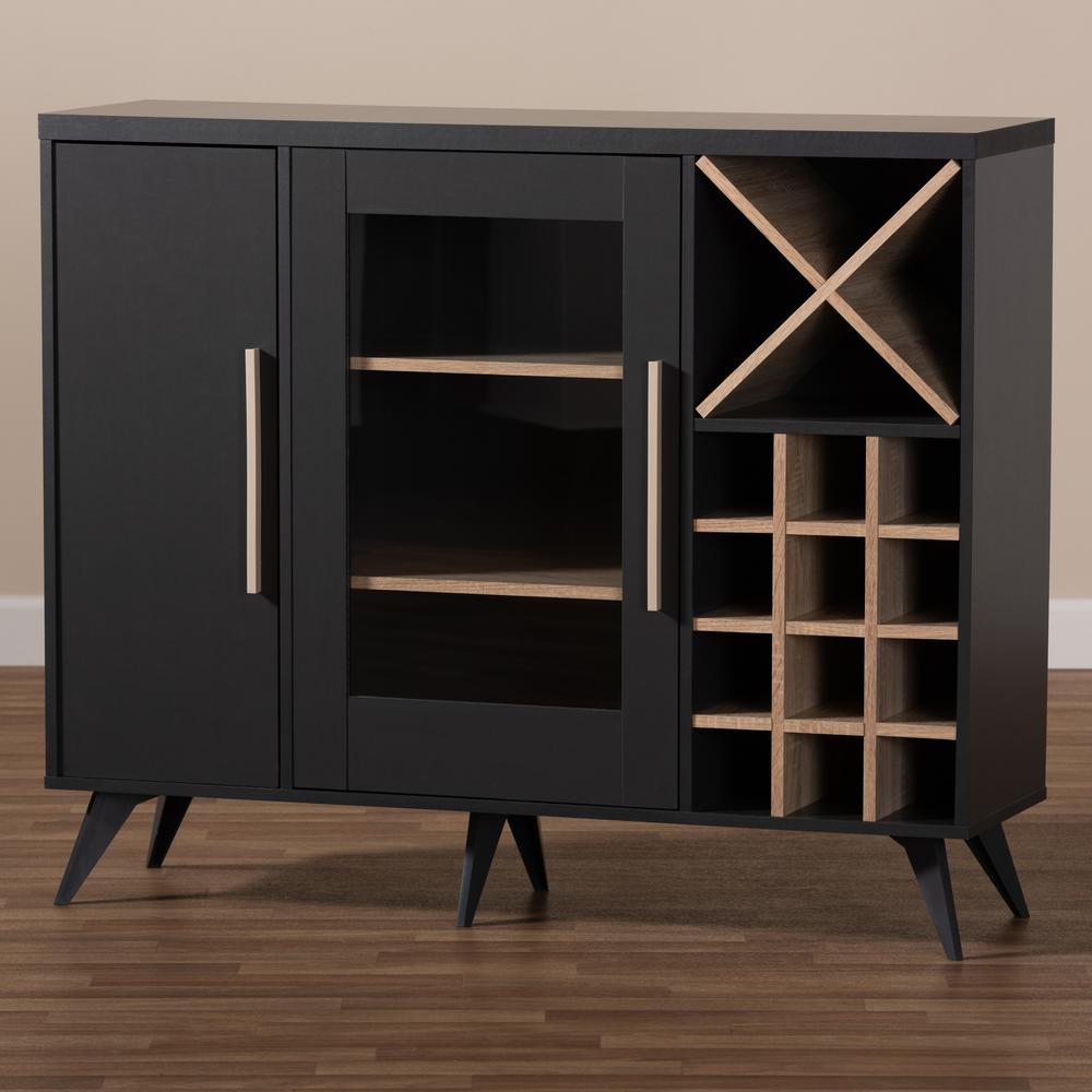 Baxton Studio Pietro Mid-Century Modern Dark Grey and Oak Finished Wine Cabinet. Picture 16