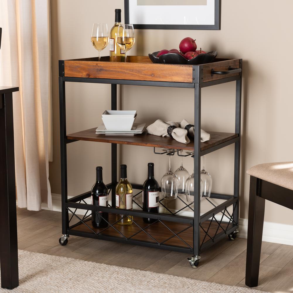 Baxton Studio Capri Vintage Rustic Industrial Oak Brown and Black Finished Mobile Metal Bar Cart with Stemware Rack. Picture 9