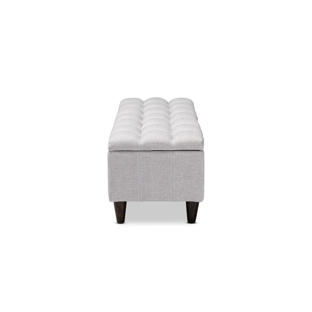 Grayish Beige Fabric Upholstered Dark Brown Finished Wood Storage Bench Ottoman. Picture 15