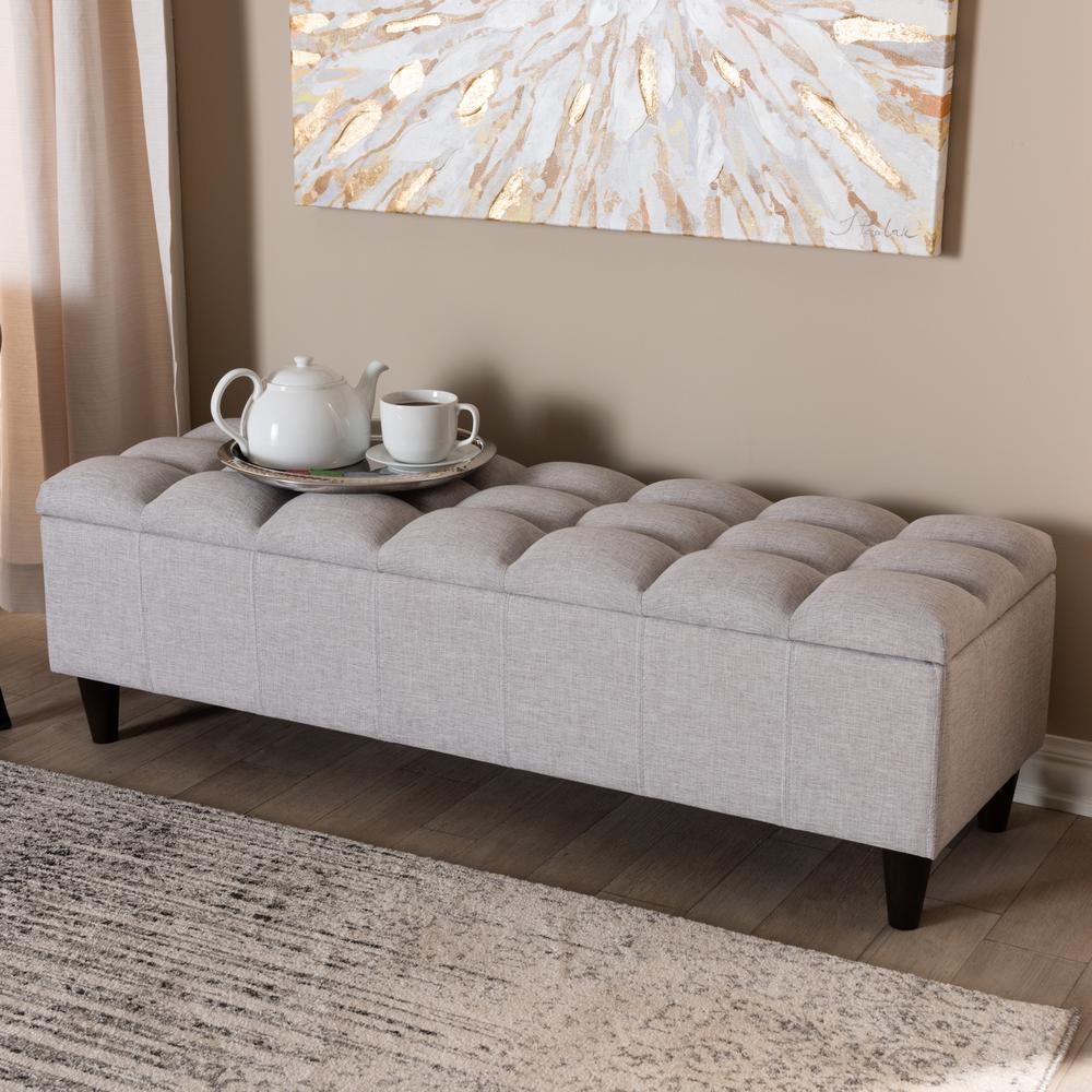 Grayish Beige Fabric Upholstered Dark Brown Finished Wood Storage Bench Ottoman. Picture 19