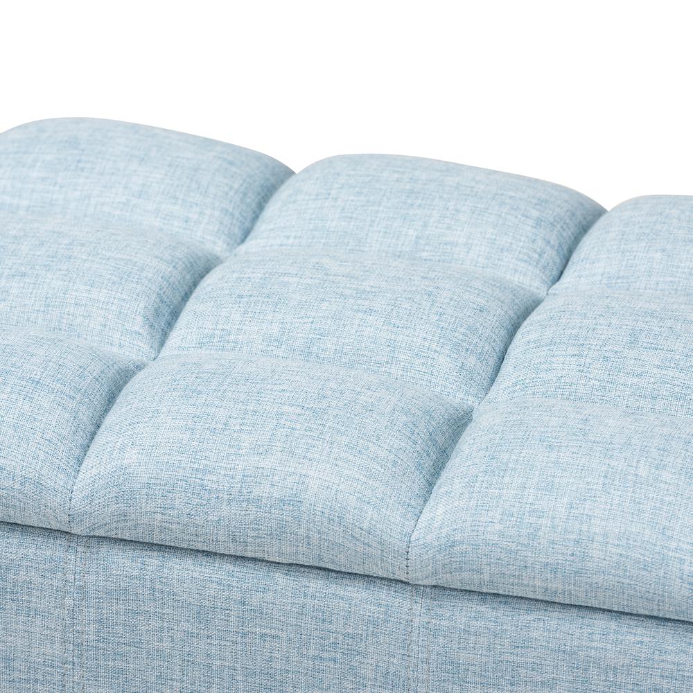 Light Blue Fabric Upholstered Dark Brown Finished Wood Storage Bench Ottoman. Picture 17