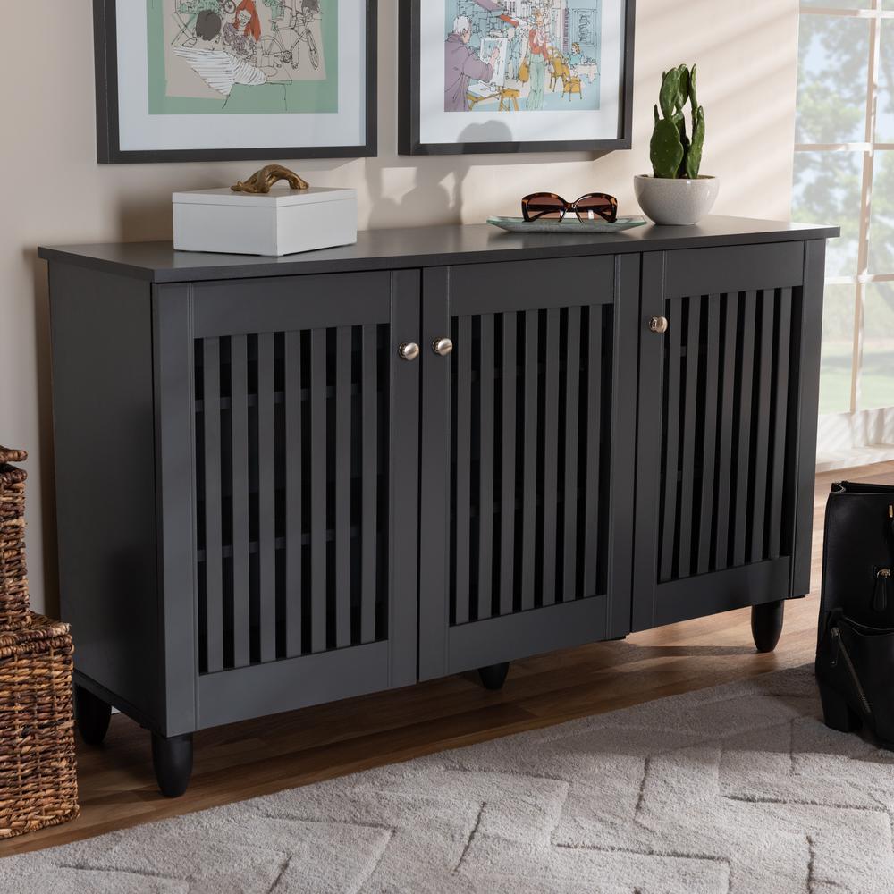 Dark Gray 3-Door Wooden Entryway Shoe Storage Wide Cabinet. Picture 17