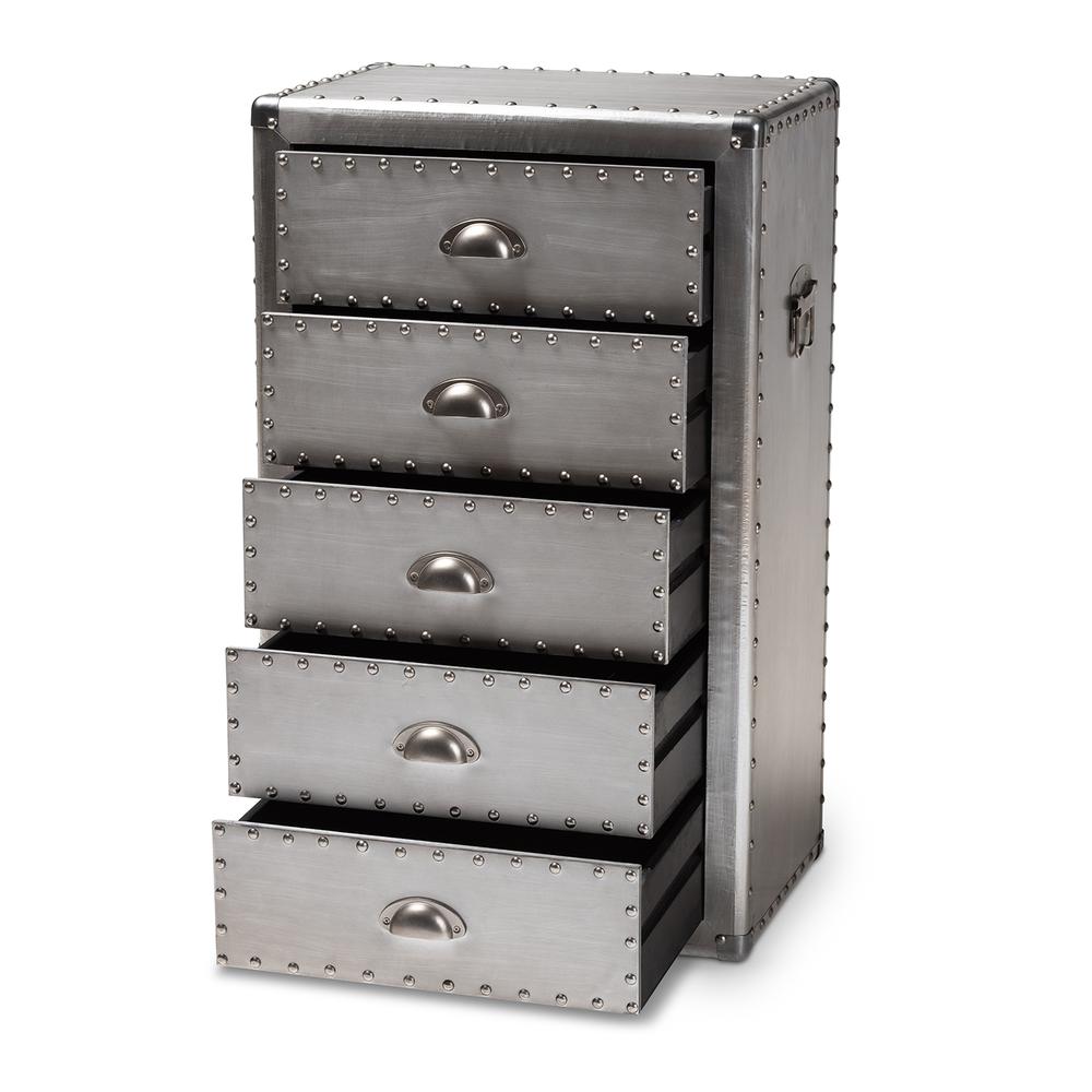 Davet French Industrial Silver Metal 5-Drawer Accent Storage Cabinet. Picture 4