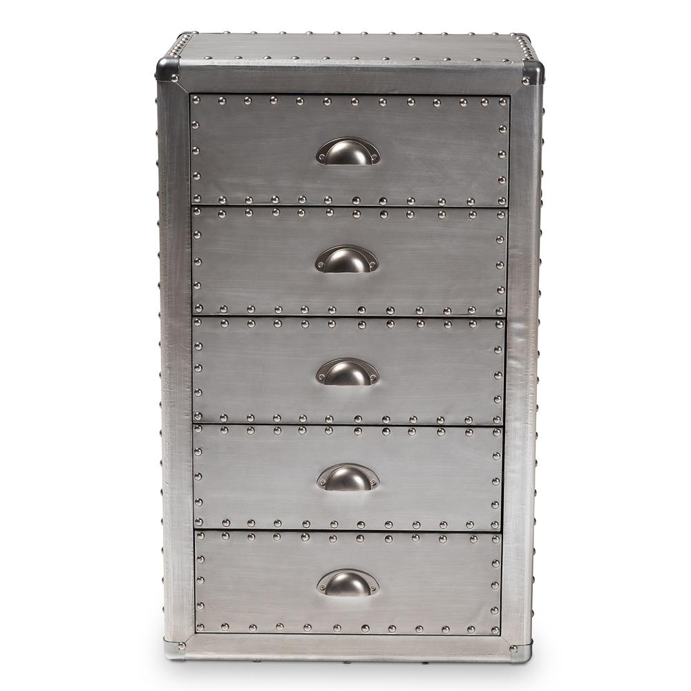 Davet French Industrial Silver Metal 5-Drawer Accent Storage Cabinet. Picture 1