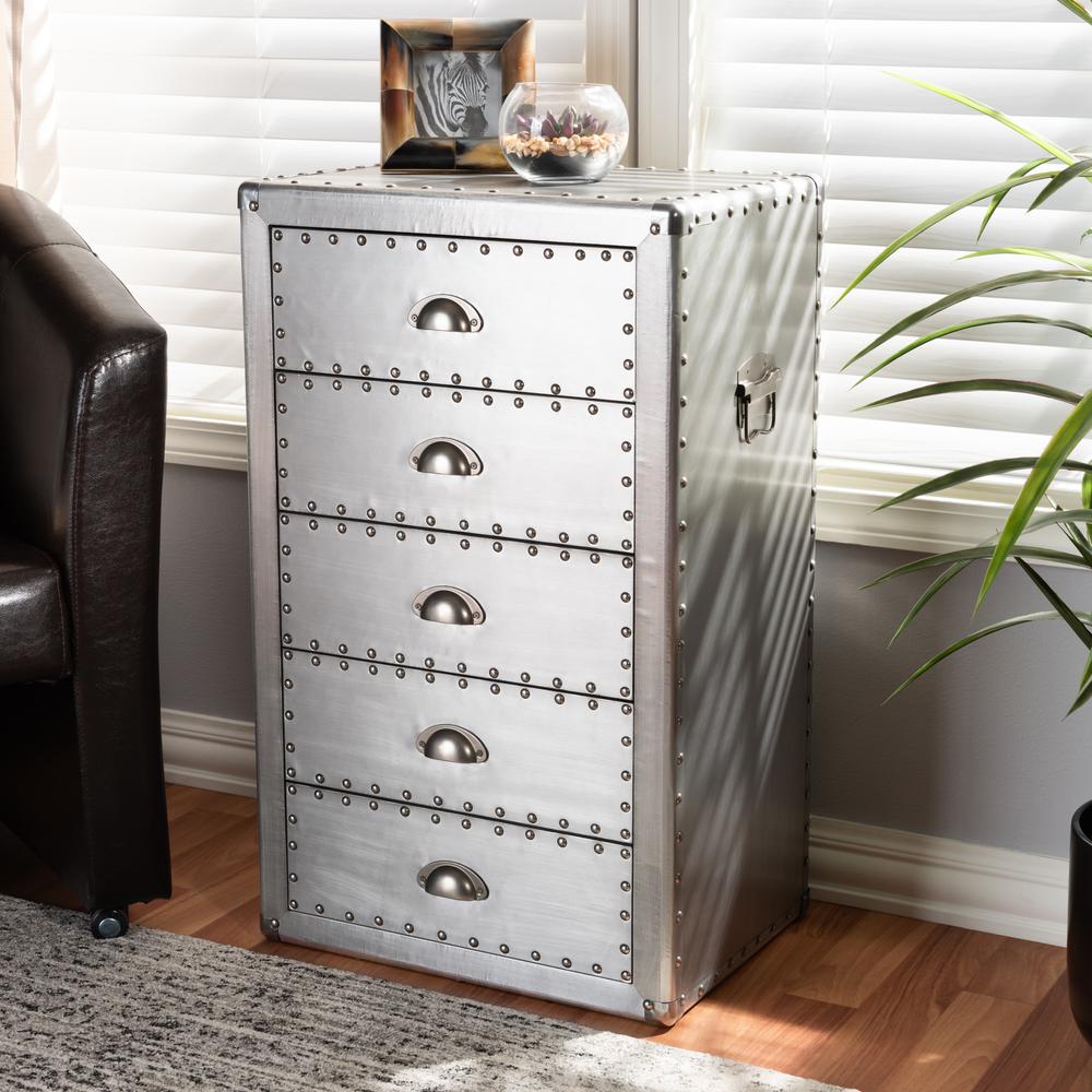 Davet French Industrial Silver Metal 5-Drawer Accent Storage Cabinet. Picture 7