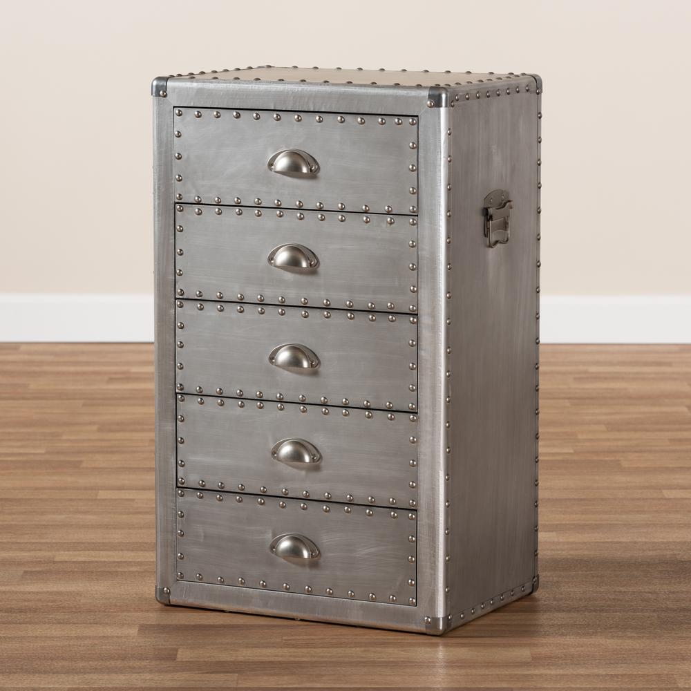 Davet French Industrial Silver Metal 5-Drawer Accent Storage Cabinet. Picture 8