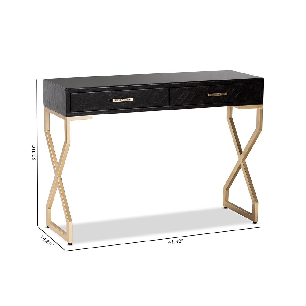 Dark Brown Faux Leather Upholstered Gold Finished 2-Drawer Console Table. Picture 20