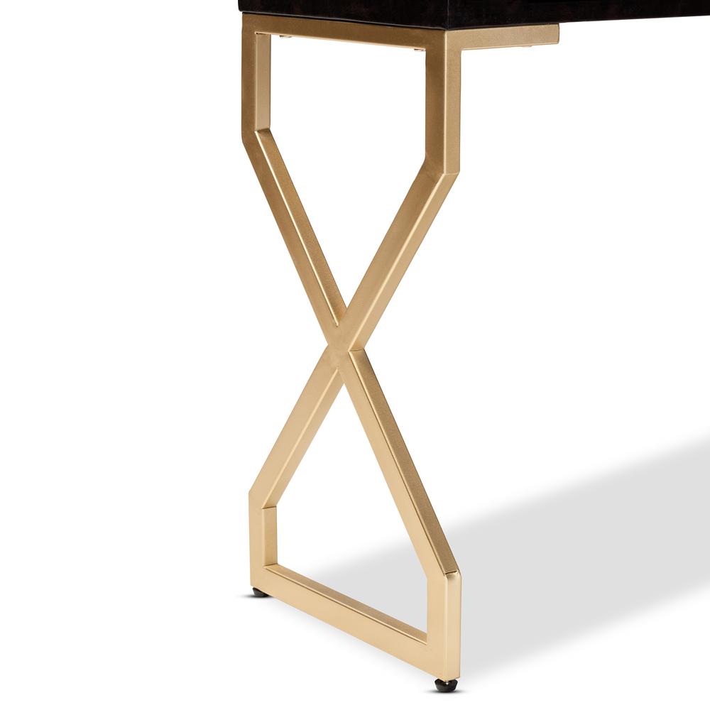 Dark Brown Faux Leather Upholstered Gold Finished 2-Drawer Console Table. Picture 17