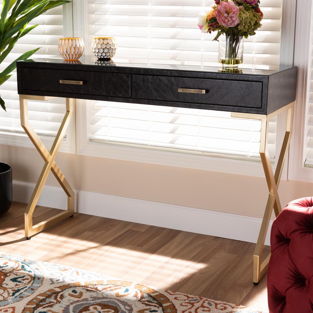 Dark Brown Faux Leather Upholstered Gold Finished 2-Drawer Console Table. Picture 18