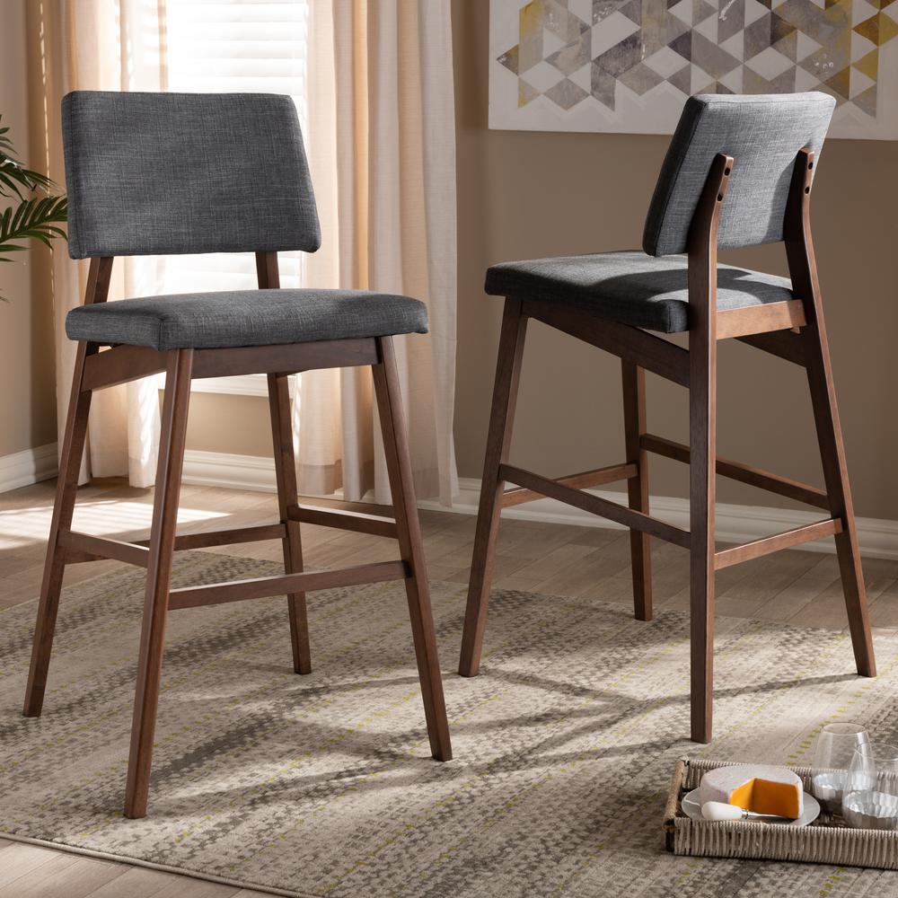 Dark Gray Fabric Upholstered and Walnut-Finished Wood Bar Stool Set of 2. Picture 12