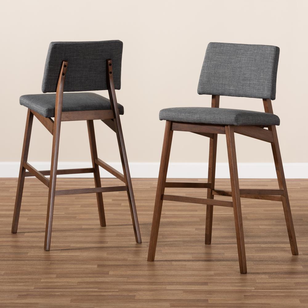 Dark Gray Fabric Upholstered and Walnut-Finished Wood Bar Stool Set of 2. Picture 13