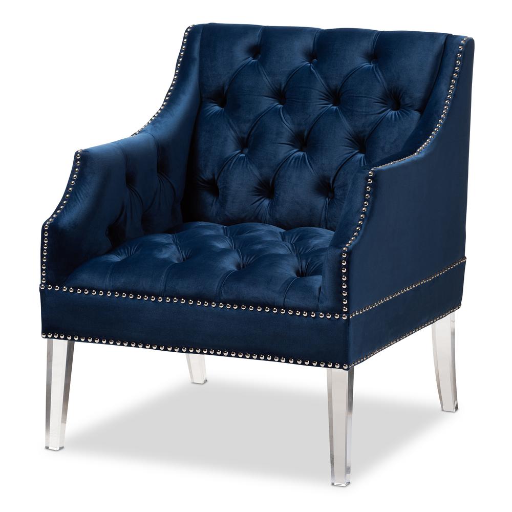 Navy Velvet Fabric Upholstered Lounge Chair with Acrylic Legs. Picture 10