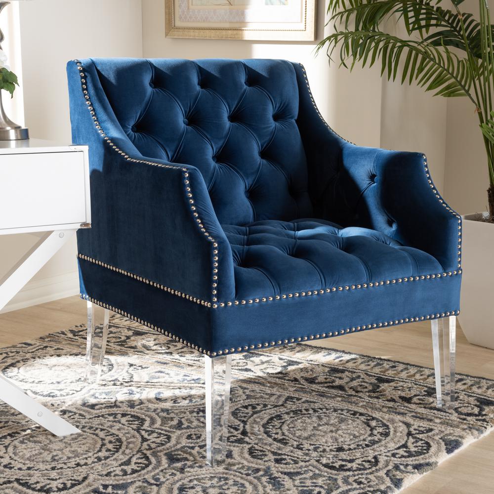 Navy Velvet Fabric Upholstered Lounge Chair with Acrylic Legs. Picture 16