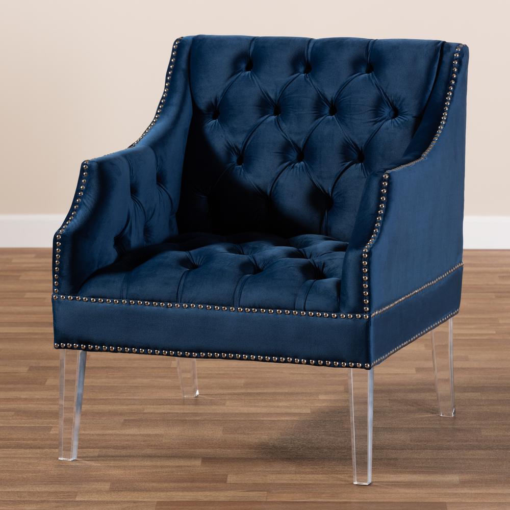 Navy Velvet Fabric Upholstered Lounge Chair with Acrylic Legs. Picture 17