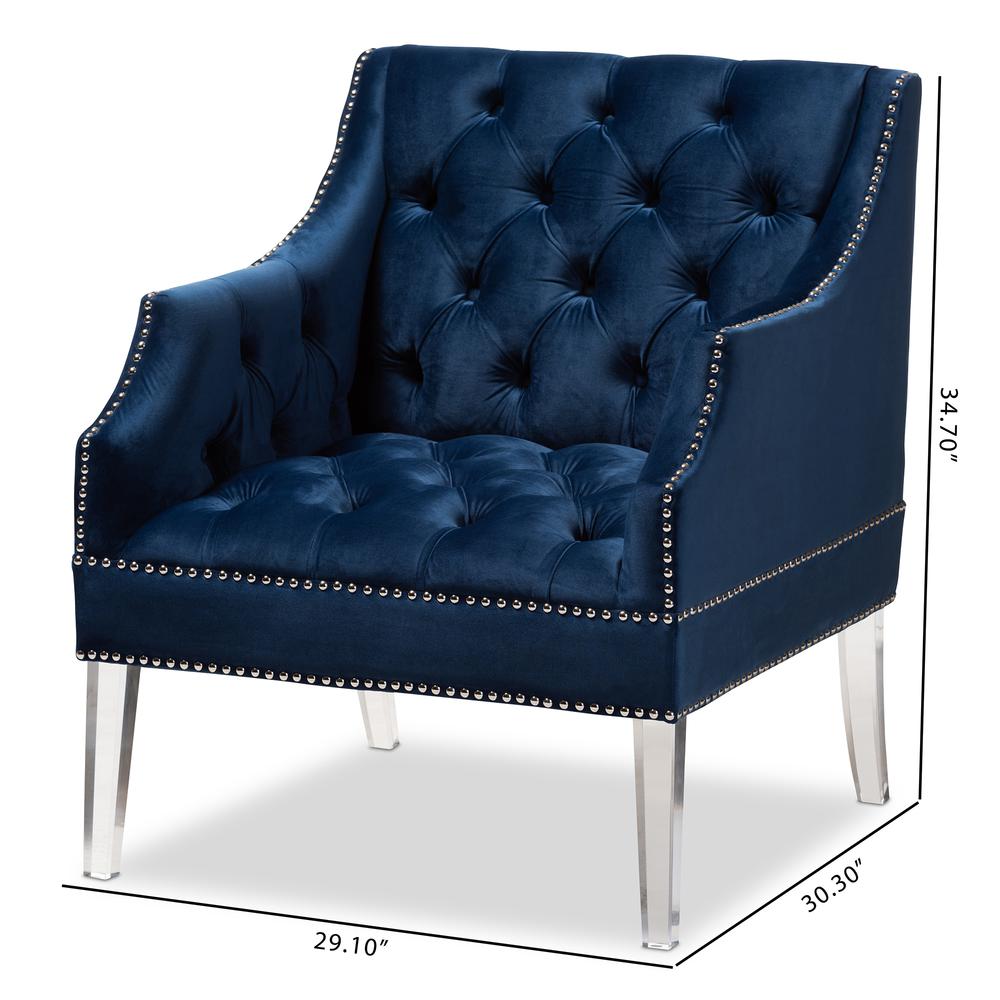 Navy Velvet Fabric Upholstered Lounge Chair with Acrylic Legs. Picture 18