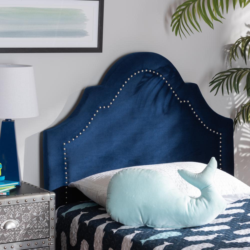 Navy Blue Velvet Fabric Upholstered Twin Size Headboard. Picture 10