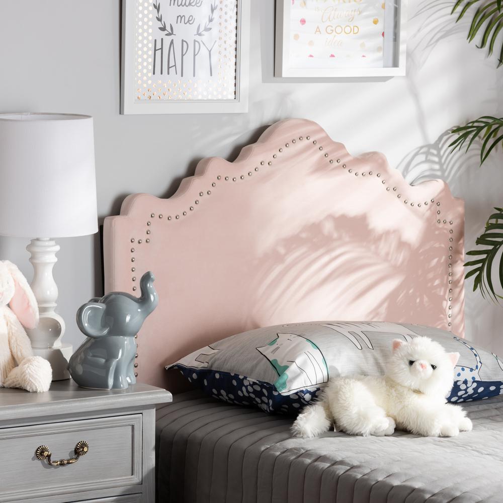 Light Pink Velvet Fabric Upholstered Twin Size Headboard. Picture 7
