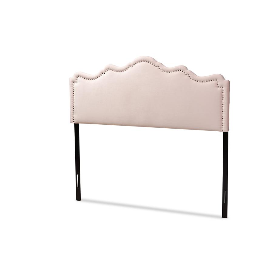 Light Pink Velvet Fabric Upholstered Queen Size Headboard. Picture 1