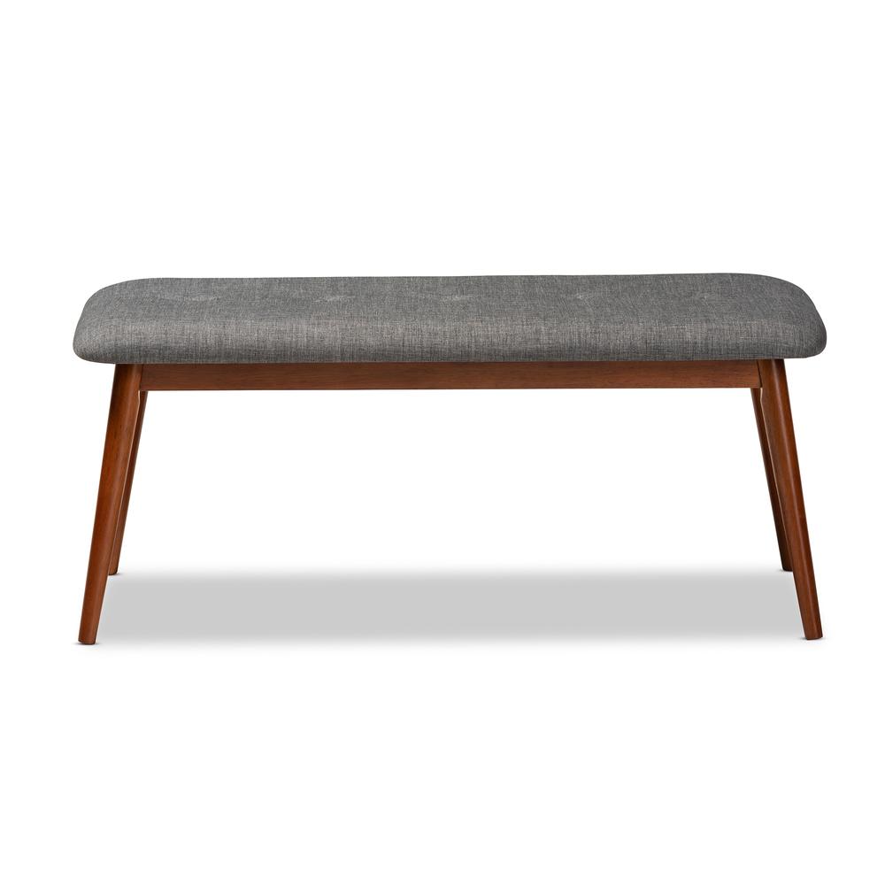 Dark Grey Fabric Upholstered Medium Oak Finished Wood Dining Bench. Picture 10