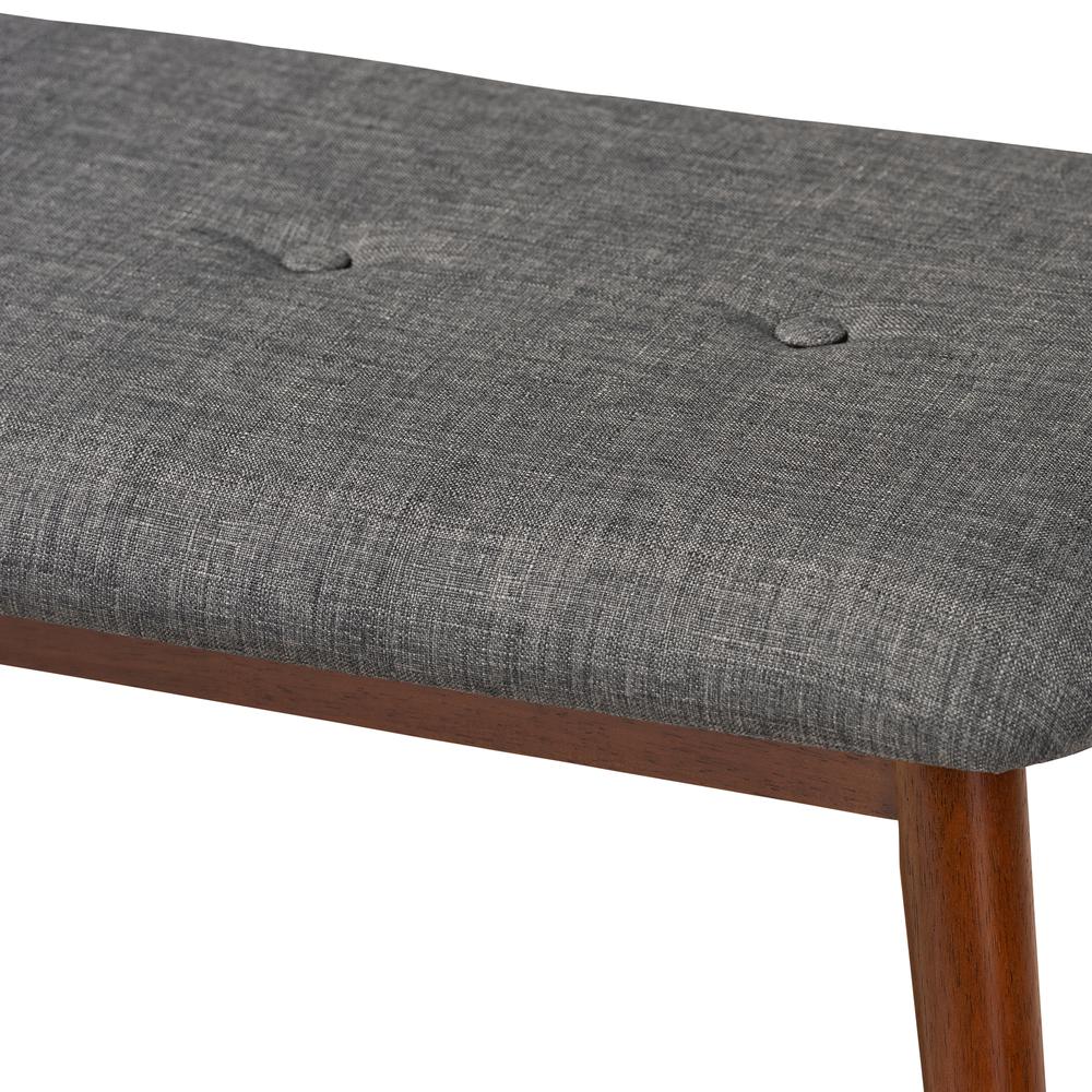 Dark Grey Fabric Upholstered Medium Oak Finished Wood Dining Bench. Picture 12