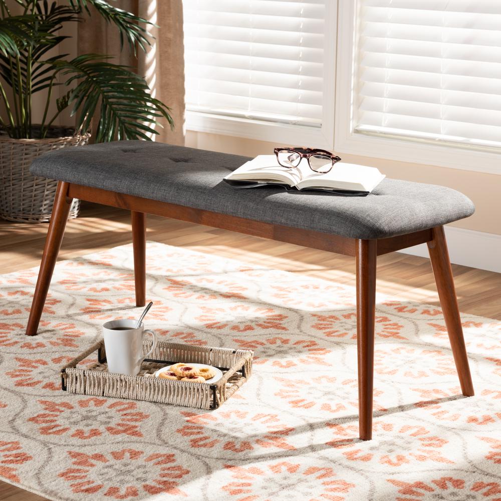 Dark Grey Fabric Upholstered Medium Oak Finished Wood Dining Bench. Picture 14