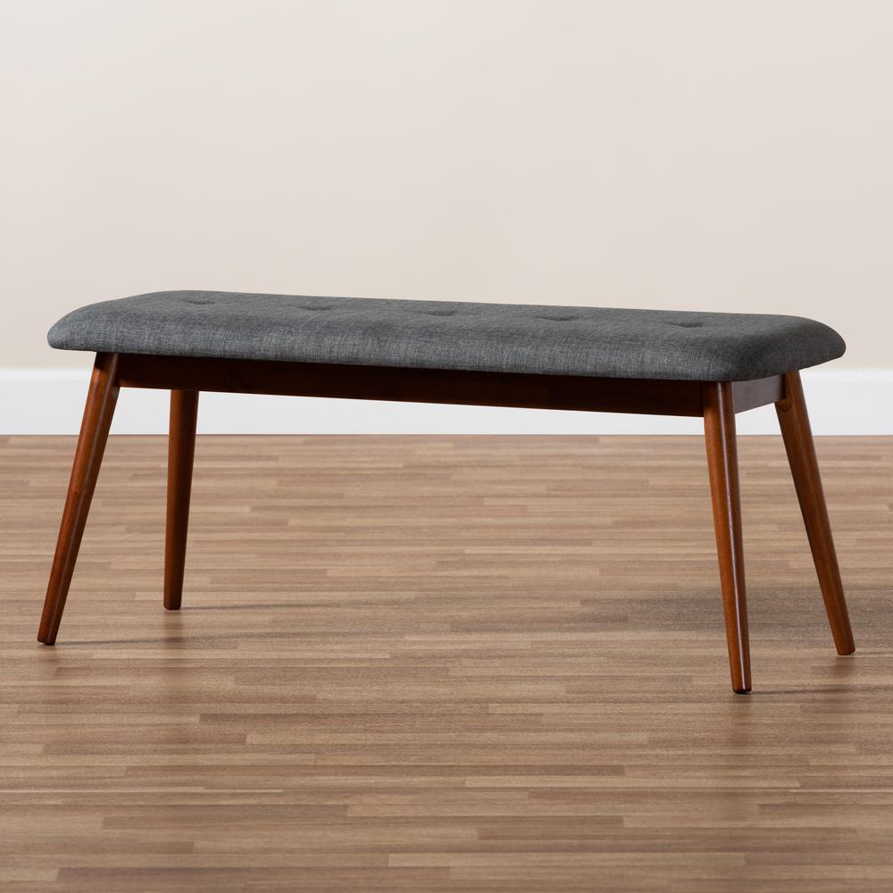 Dark Grey Fabric Upholstered Medium Oak Finished Wood Dining Bench. Picture 9