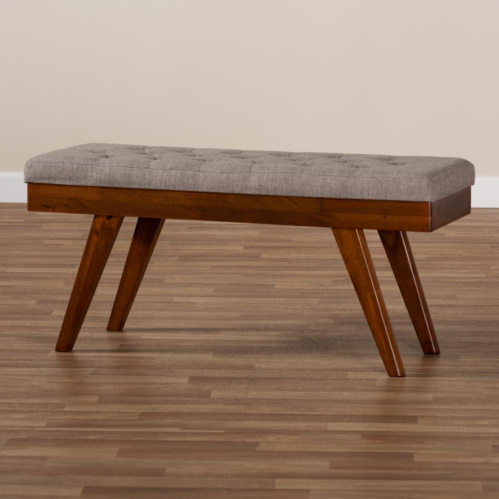Alona Mid-Century Modern Light Grey Fabric Upholstered Wood Dining Bench. Picture 15