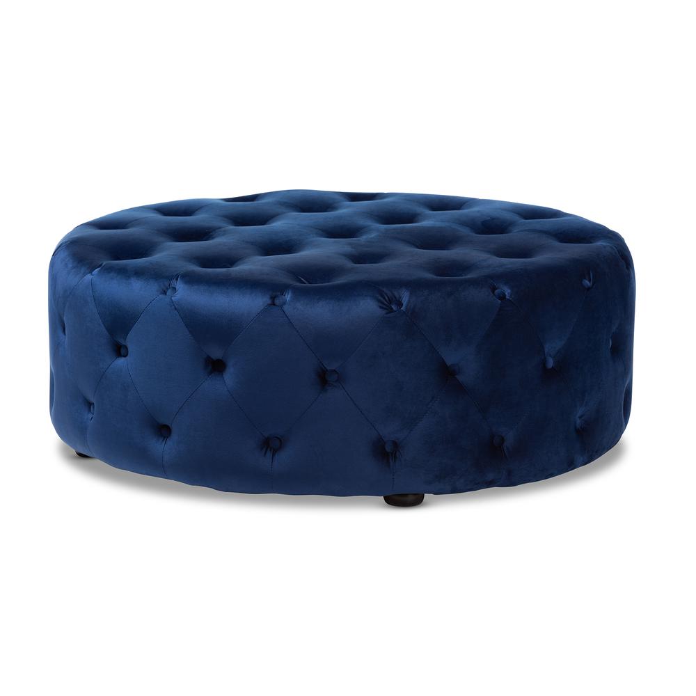 Transitional Royal Blue Velvet Fabric Upholstered Button Tufted Cocktail Ottoman. Picture 6