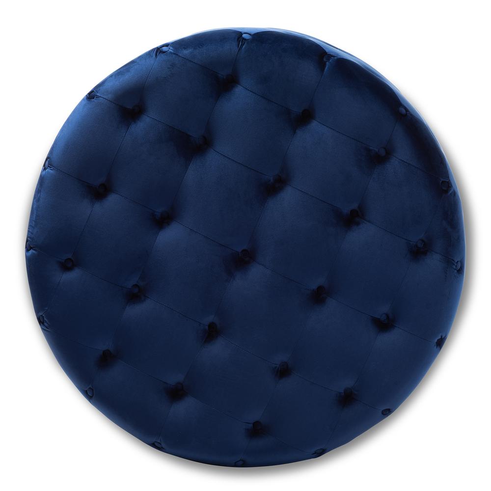 Transitional Royal Blue Velvet Fabric Upholstered Button Tufted Cocktail Ottoman. Picture 7