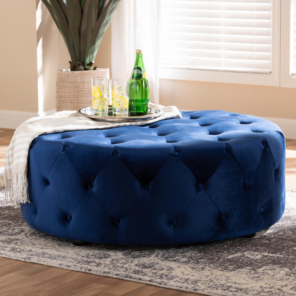 Transitional Royal Blue Velvet Fabric Upholstered Button Tufted Cocktail Ottoman. Picture 8