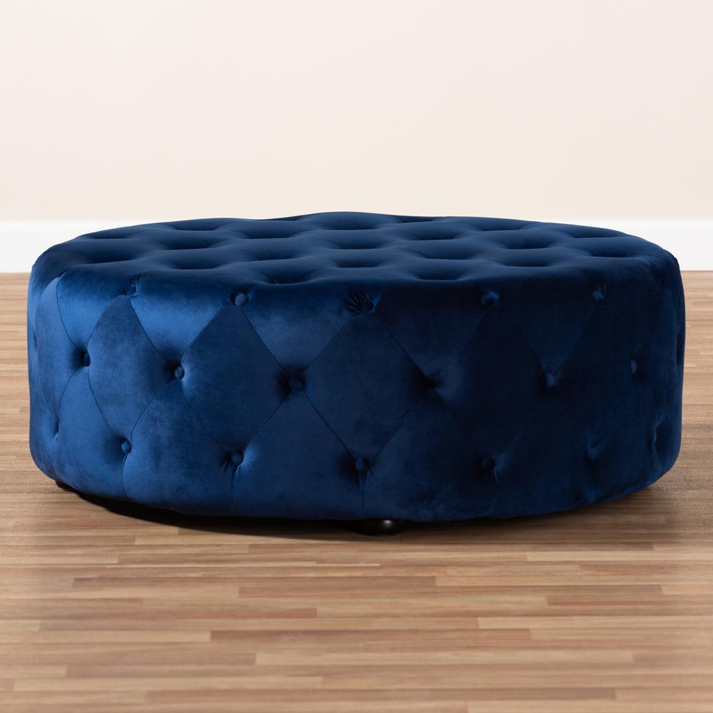 Transitional Royal Blue Velvet Fabric Upholstered Button Tufted Cocktail Ottoman. Picture 9