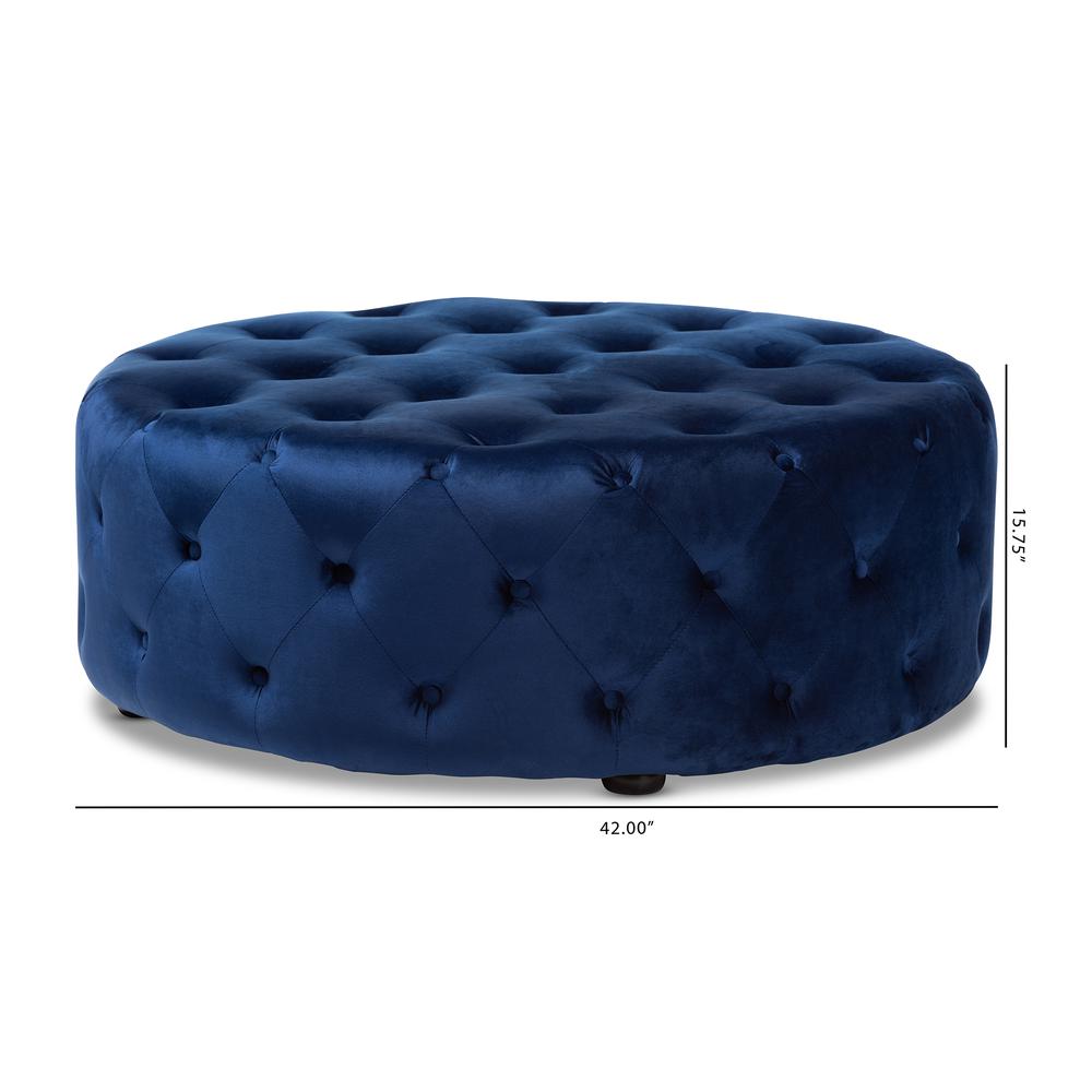 Transitional Royal Blue Velvet Fabric Upholstered Button Tufted Cocktail Ottoman. Picture 10