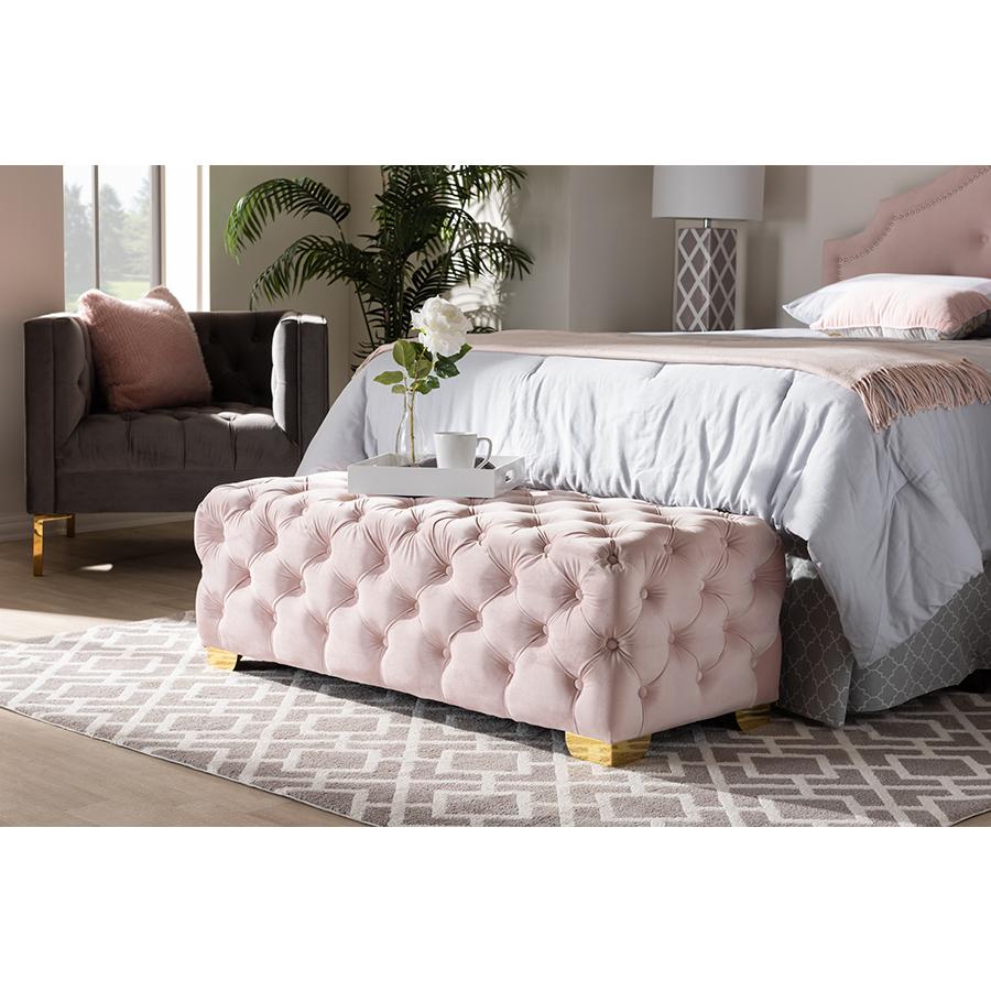 Gold Finished Button Tufted Bench Ottoman. Picture 9