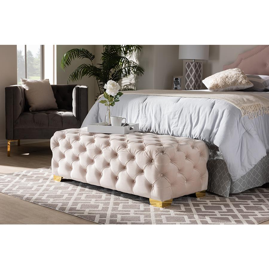 Baxton Studio Avara Glam and Luxe Light Beige Velvet Fabric Upholstered Gold Finished Button Tufted Bench Ottoman. Picture 7
