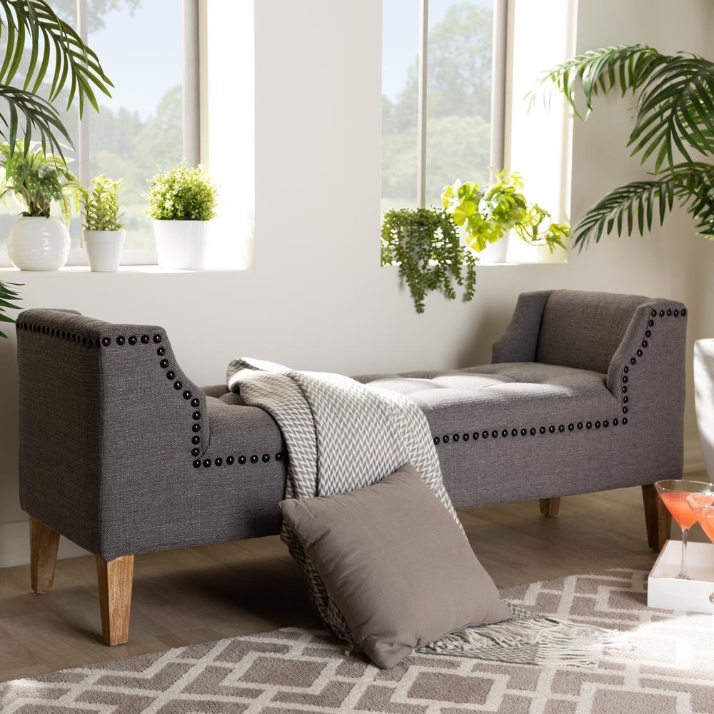 Baxton Studio Perret Modern and Contemporary Gray Linen Fabric Upholstered Oak Brown Finished Wood Bench. Picture 8