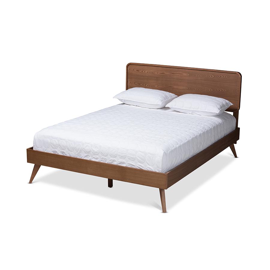 Demeter Mid-Century Modern Walnut Brown Finished Wood Queen Size Platform Bed. Picture 1