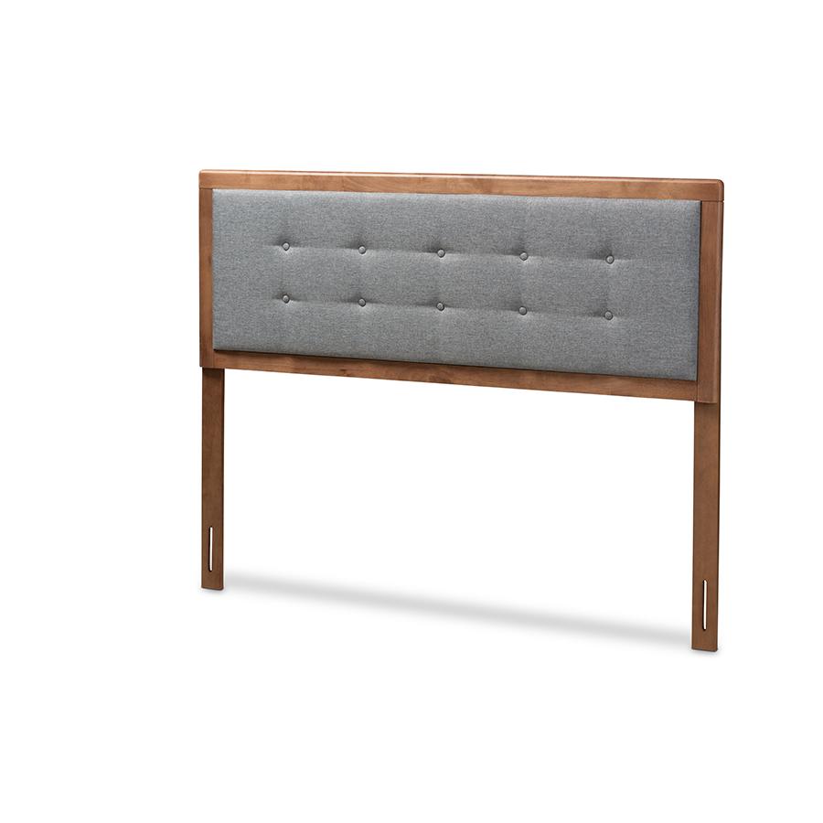 Dark Grey Fabric Upholstered Walnut Brown Finished Wood Queen Size Headboard. Picture 1