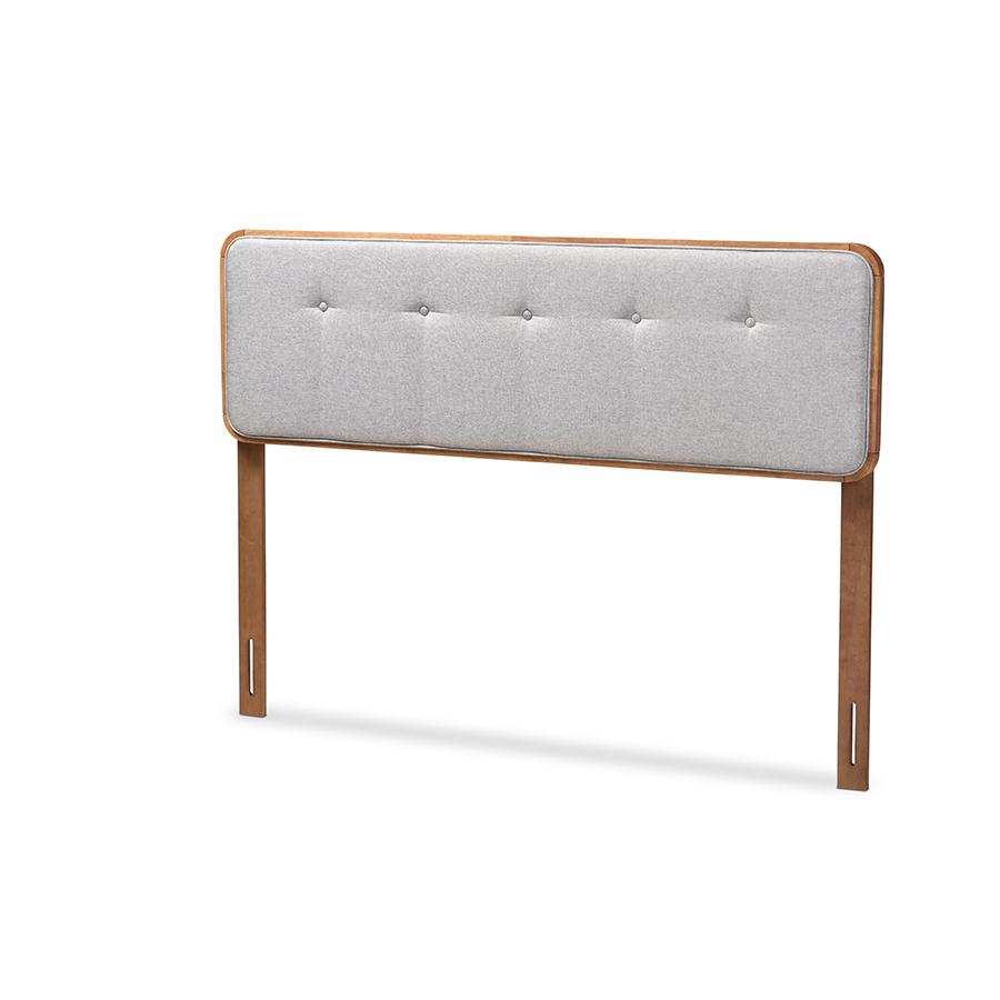 Light Grey Fabric Upholstered Walnut Brown Finished Wood Queen Size Headboard. Picture 1