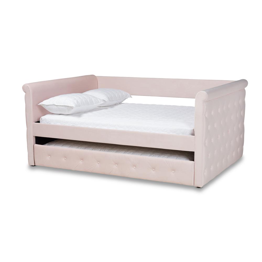 Light Pink Velvet Fabric Upholstered Full Size Daybed with Trundle. Picture 13