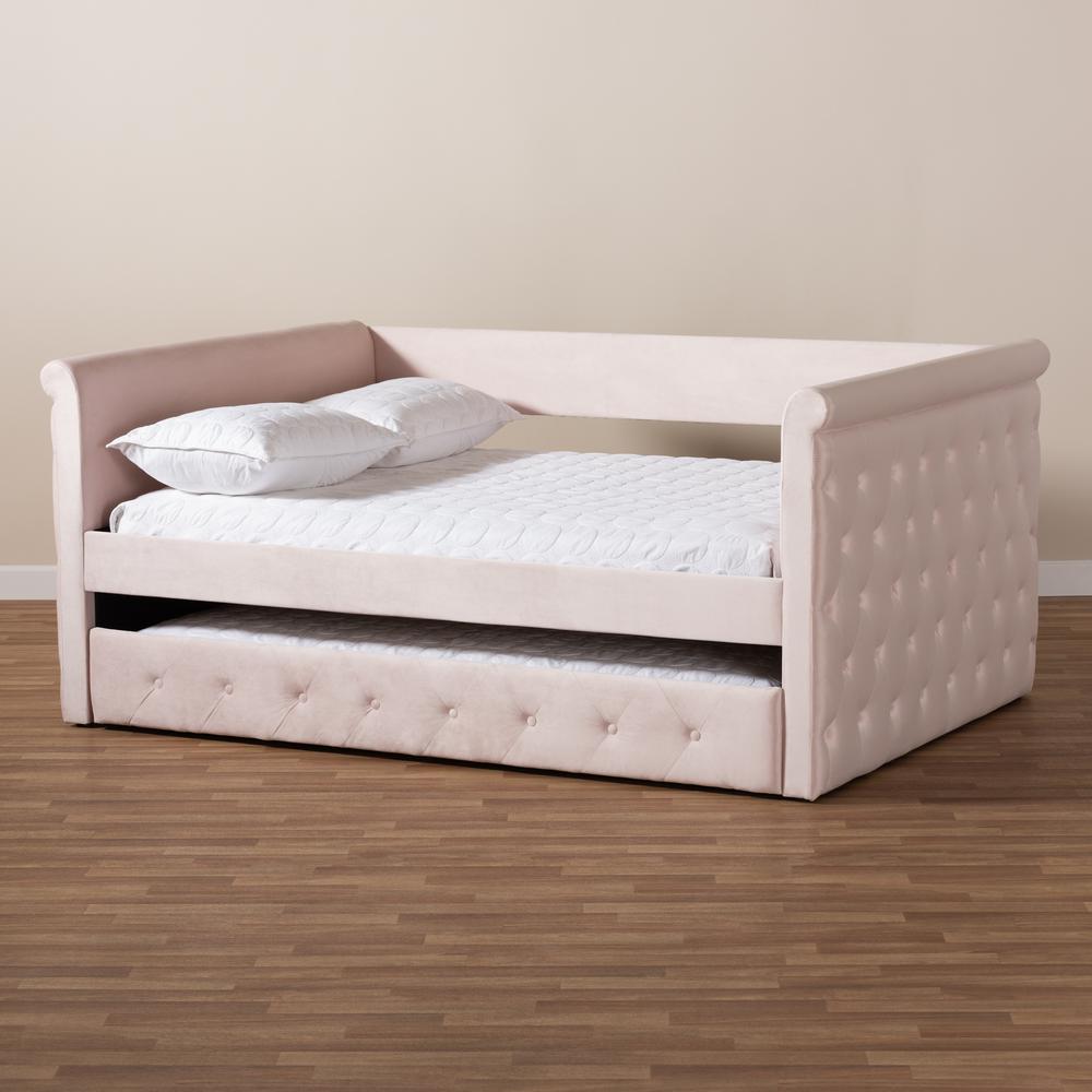 Light Pink Velvet Fabric Upholstered Full Size Daybed with Trundle. Picture 22